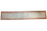 Distressed Oushak runner with ivory open field, terra cotta botanical and pawn borders, 2'11