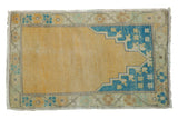 Distressed gold and sky blue hand knotted Oushak rug, prayer design and floral border, 2'4