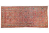 Decorative distressed Oushak runner, raspberry red and slate allover geometric medallions, 3'10
