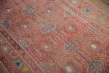 Vintage Distressed Oushak runner with softened raspberry, slate, and silver geometric medallions and vinery.