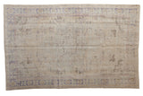 Distressed Oushak carpet, faded ivory with pale blue serrated floral medallion and vinery, 5'9