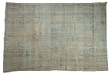 Distressed Oushak rug with faded roundel medallion, abrashed cream and pale olive field, 6x9.
