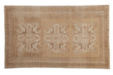 Hand-knotted distressed Oushak carpet, triple floral medallions in muted beige and sand, 5x8.