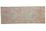 Vintage distressed Oushak runner, curvilinear central medallion in muted rose and ocean green, 3'10