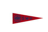 Vintage Southern Methodist University red felt pennant with blue crest and SMU lettering, 3.5 by 9.5 inches.