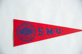 Red felt vintage SMU pennant with blue university crest and initials.