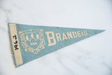 Brandeis University felt pennant's blue texture, 1962 on white band, and university crest.