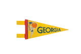 Vintage Georgia felt pennant, bright retro colors, bather holding giant peach, 4 x 9 inches.