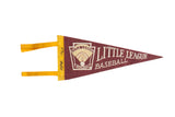 Vintage Little League Baseball felt flag pennant, maroon and yellow, 1960s graphic, 5x12 inches.