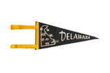Vintage black felt Delaware pennant displaying white state outline, colorful graphics, yellow hoist. 5x12.