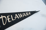 Black felt Delaware pennant tip, with cream letters and subtle edge wear.