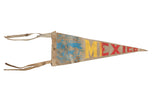 Vintage suede Mexico pennant, 1960s, blue bull graphic, colorful MEXICO text, 5x12.