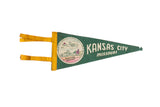 Vintage Kansas City Missouri felt pennant, green and yellow with mid-century airport design.