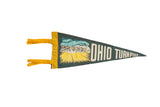 Dark green vintage Ohio Turnpike felt pennant with a yellow and blue mid-century graphic.