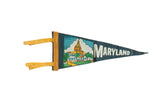 Dark blue vintage Maryland felt pennant with golden-domed Capitol building graphic.
