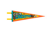 Vintage Lancaster Pennsylvania Felt Flag featuring retro Amish homestead scene in orange, blue, and yellow.