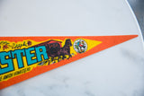 Colorful stylized bird graphic on the orange felt tip of the vintage Lancaster pennant.