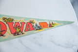 Vintage Iowa felt pennant detail showcasing orange state map and retro teepee designs.