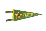 Vintage green felt Frontier City Amityville pennant with yellow bucking cowboy and text, 6x15.