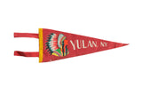 Vintage Yulan NY red felt pennant with a colorful Native American chief motif. Measures 6x15 inches.