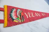 Vintage Yulan NY felt pennant with Native American chief graphic, bright retro colors, yellow felt edge.