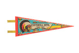 Vintage Catskill Mts. felt flag, retro chief, teepee, arrow art, vibrant colors.