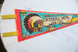 Vintage Catskill Mountains NY felt banner left end, retro chief graphic and yellow ties.