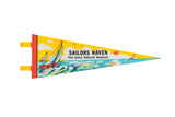 Vintage Sailors Haven felt flag with retro sailboats and bright colors.