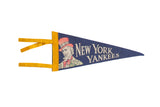 Vintage 1950s New York Yankees felt pennant with Uncle Sam graphic, dark blue, yellow, 5x12.