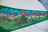 Red 'Kings Dominion' text and wooden coaster graphic detail on vintage felt pennant.