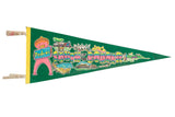 Vintage Pedro's South of the Border felt flag, green with colorful retro graphics.
