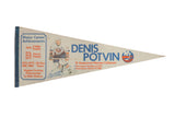 Vintage Denis Potvin NY Islanders felt pennant, cream, blue, and orange, with career details. 12x29.