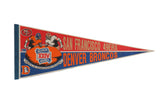 Red and blue vintage felt pennant for 1990 Super Bowl XXIV, 49ers, Broncos.