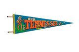 Vintage Tennessee felt pennant with blue, orange, and red retro cowboy, horse, cannon graphics.