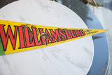 Angled view of the vintage Williamsburg pennant showing its length and retro red lettering.