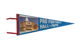 Vintage blue felt pennant, Pro Football Hall of Fame building photo, red trim, 9x24.