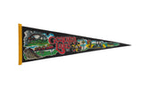 Vintage black felt Geauga Lake pennant, yellow trim, colorful park ride graphics.