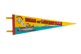 Vintage Belle of Louisville felt pennant, yellow and blue, with steamboat graphic and red text, 8x25 inches.