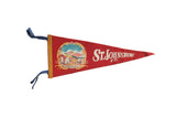 Red vintage St. Johnsbury Vermont felt flag with landscape graphic, white text, 7x17 inches.