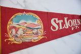 Vintage St. Johnsbury felt pennant, showcasing cream 'St. John VT' text and graphic.