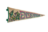 Vintage Ensenada Mexico felt pennant, circa 1960s, with fish, woman, purple and green colors.