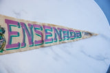 Ensenada Mexico Felt Flag, close-up of purple and teal lettering with frayed felt edge.