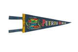 Vintage blue felt Puerto Rico pennant features colorful island map, palm trees, and 1963 date.