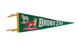 Vintage Bronx Zoo Felt Flag Pennant, green felt with tiger, zebra, and white text, 9x26 inches.