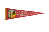Vintage red felt pennant displays 'Gaslight Village' text and colorful illustration.