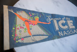Vibrant neon colors and texture of the retro ice skater graphic on the souvenir felt flag.