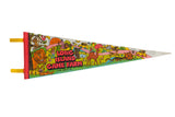 Vintage Long Island Game Farm felt pennant with colorful retro artwork of animals and children.