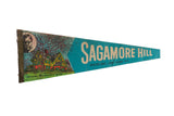 Vintage teal Sagamore Hill felt pennant with a graphic of Theodore Roosevelt's home.