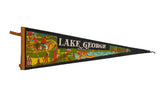 Vintage Lake George NY felt pennant featuring colorful indigenous life graphics.
