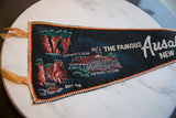 Elephant's Head graphic on vintage Ausable Chasm felt pennant, featuring orange stitched edge.